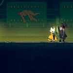 Two characters in a colorful, sci-fi environment, one wearing a yellow coat and the other holding a weapon, with a strange creature floating above them.