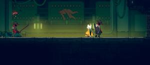 Two characters in a colorful, sci-fi environment, one wearing a yellow coat and the other holding a weapon, with a strange creature floating above them.