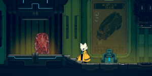 A character in a yellow cloak stands beside a large, red rock in a futuristic environment, with a green wall displaying an alien diagram in the background.