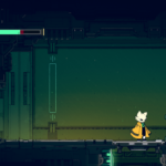 A character in a yellow coat stands on a platform inside a futuristic environment, with various indicators at the top of the screen.
