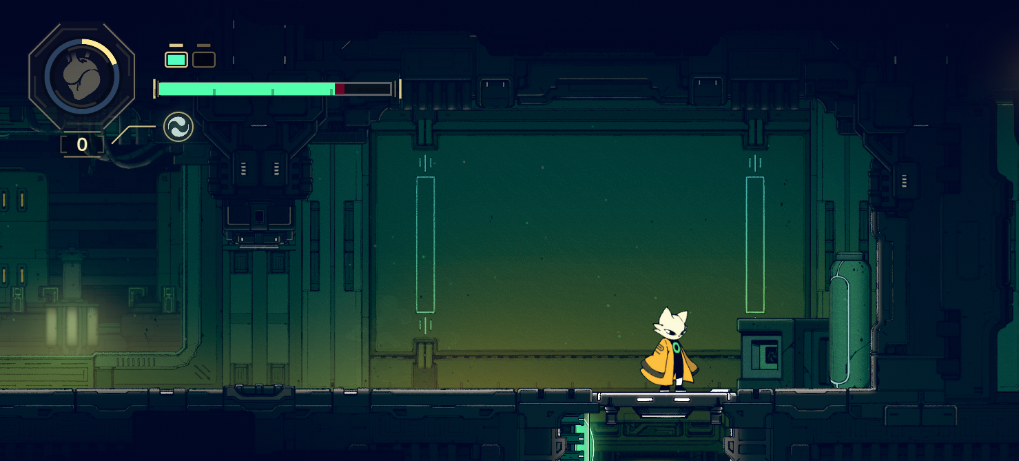 A character in a yellow coat stands on a platform inside a futuristic environment, with various indicators at the top of the screen.