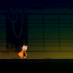 A character in a hooded cloak walks through a dimly lit, futuristic corridor in the video game Nine Sols.