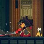A red warrior wielding a large sword walks alongside a small, white creature in a stylized, colorful environment.