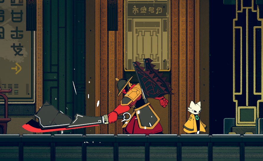 A red warrior wielding a large sword walks alongside a small, white creature in a stylized, colorful environment.