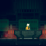 A character in a yellow coat stands on a platform in a dark, industrial setting, surrounded by machinery and glowing elements.