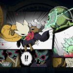 Comic-style action scene from Nine Sols featuring characters in dynamic poses, with expressions of surprise and excitement.
