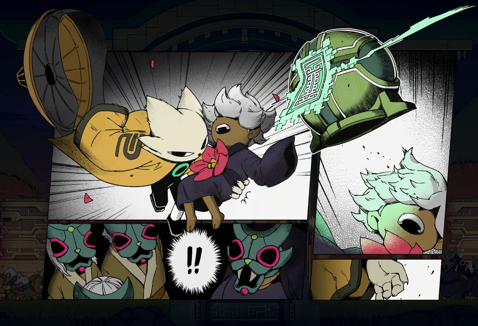 Comic-style action scene from Nine Sols featuring characters in dynamic poses, with expressions of surprise and excitement.