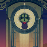 Character standing in front of a large, circular portal in a stylized, colorful environment.