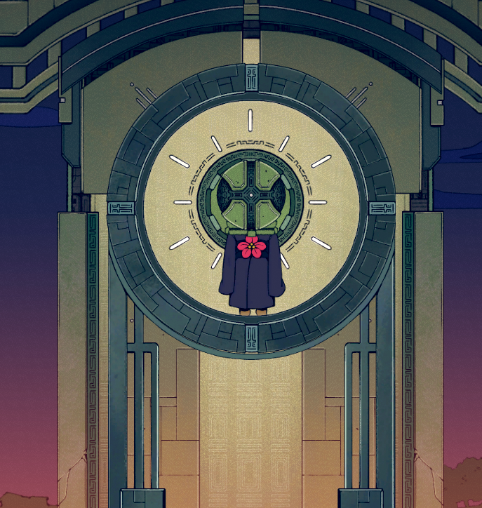 Character standing in front of a large, circular portal in a stylized, colorful environment.