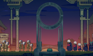Two groups of characters stand on either side of a large stone ring against a colorful sunset background.