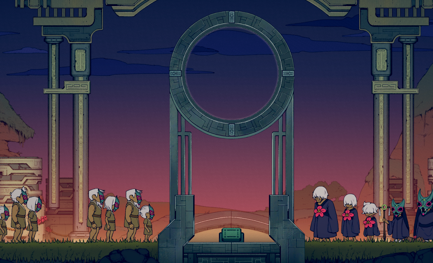 Two groups of characters stand on either side of a large stone ring against a colorful sunset background.