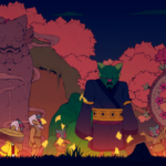 A colorful scene from the game Nine Sols, featuring an imposing stone statue and stylized characters in a vibrant, mystical setting.
