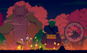 A colorful scene from the game Nine Sols, featuring an imposing stone statue and stylized characters in a vibrant, mystical setting.