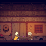 Two characters seated at a table in a cozy, rustic room, one dressed in a yellow cloak and the other in a green outfit, with a meal spread out in front of them.