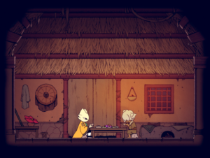Two characters seated at a table in a cozy, rustic room, one dressed in a yellow cloak and the other in a green outfit, with a meal spread out in front of them.