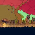A character in a yellow cloak holds a shield, walking past a thatched-roof hut while several masked figures gather nearby under vibrant trees.