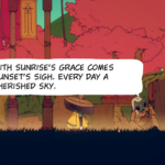 A colorful scene from the game Nine Sols, featuring two characters and text about the beauty of sunrise and sunset.