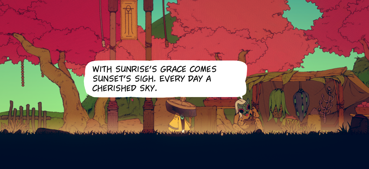 A colorful scene from the game Nine Sols, featuring two characters and text about the beauty of sunrise and sunset.