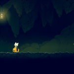 A character in a cave-like environment faces a creature adorned with flowers.