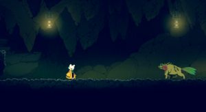 A character in a cave-like environment faces a creature adorned with flowers.
