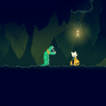 A green creature and a white, hooded character face each other in a dark, cavernous environment.
