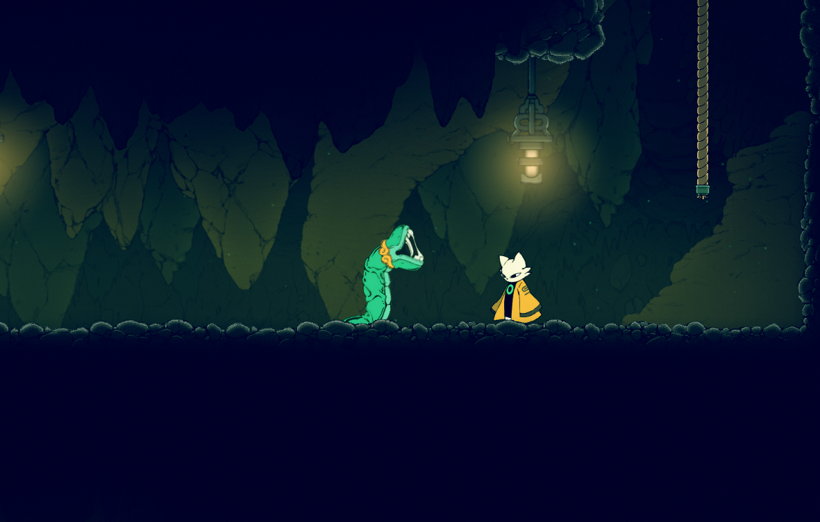 A green creature and a white, hooded character face each other in a dark, cavernous environment.