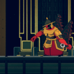 A character in armor wielding a large blade stands on a platform in a stylized, colorful environment.