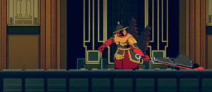 A character in armor wielding a large blade stands on a platform in a stylized, colorful environment.