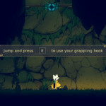 A character stands in a cave, with on-screen instructions to "Jump and press E to use your grappling hook."