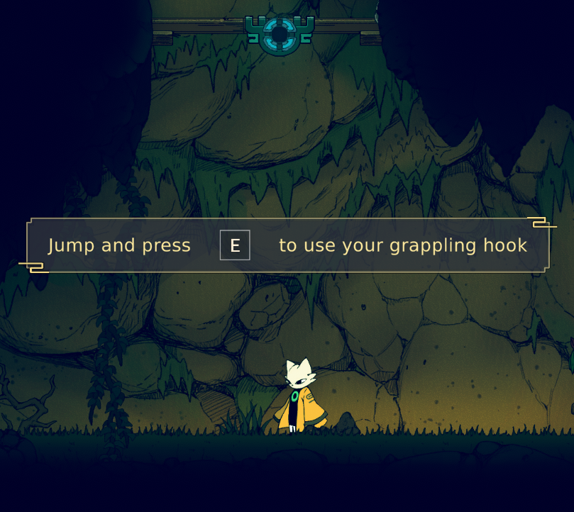 A character stands in a cave, with on-screen instructions to "Jump and press E to use your grappling hook."