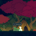 A glowing character stands near a tent and red-leafed trees, with an "Examine" prompt visible.