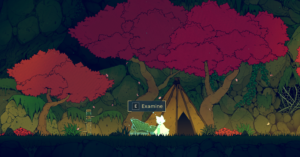 A glowing character stands near a tent and red-leafed trees, with an "Examine" prompt visible.
