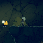 A small white creature with a yellow cape jumps near a skeleton on a rocky platform in a dark cave.