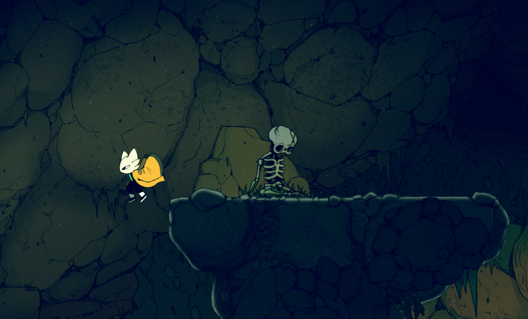 A small white creature with a yellow cape jumps near a skeleton on a rocky platform in a dark cave.