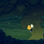 A character with a backpack explores a dark, cavernous environment with rocky formations.