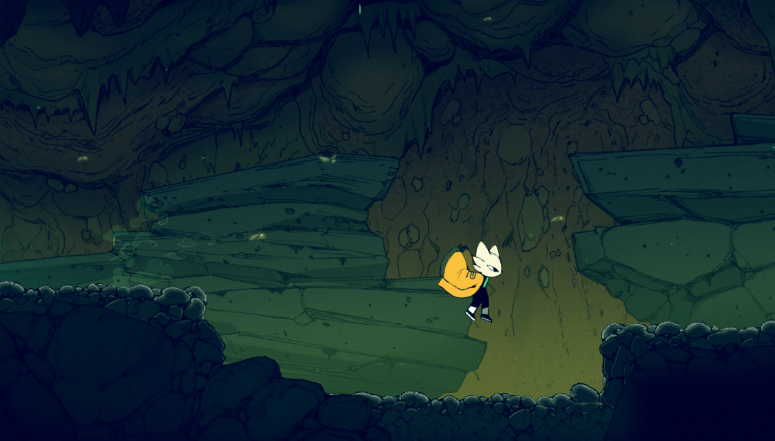 A character with a backpack explores a dark, cavernous environment with rocky formations.