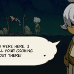 Two characters in a cave setting; one speaks about recognizing the other by their cooking.