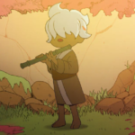 A character with white hair plays a flute in a serene, colorful landscape.