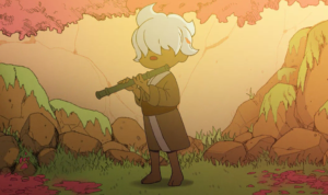 A character with white hair plays a flute in a serene, colorful landscape.