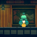A character in a yellow cloak stands in front of a glowing green device against a backdrop of ornate wooden walls and a map.