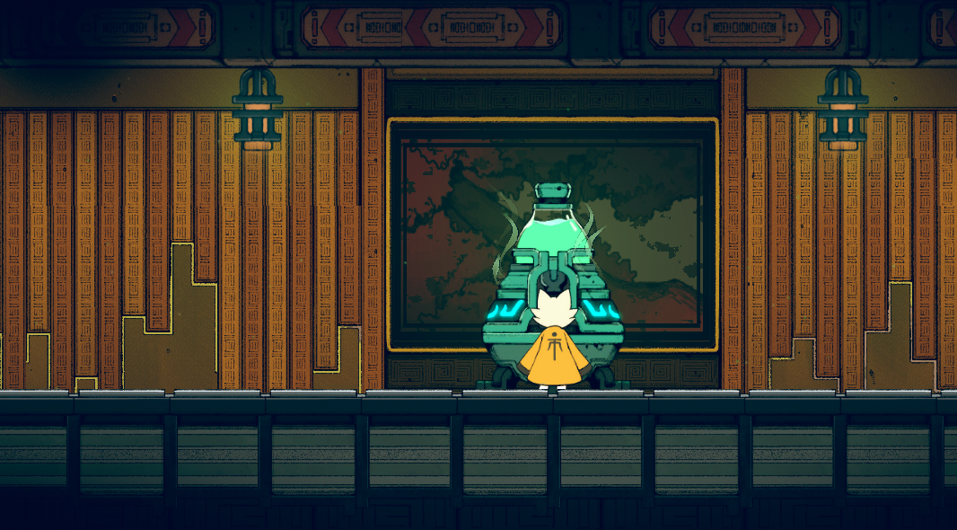 A character in a yellow cloak stands in front of a glowing green device against a backdrop of ornate wooden walls and a map.