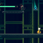 A character with a sword faces a robotic enemy on a platform in a stylized, dark environment.