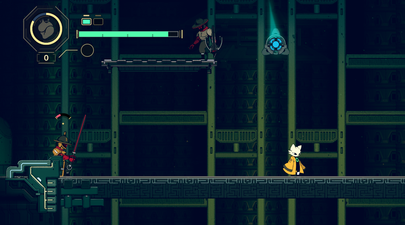 A character with a sword faces a robotic enemy on a platform in a stylized, dark environment.