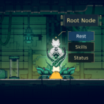 Screenshot from the game Nine Sols, showing a character interacting with a "Root Node" menu that includes options for "Rest," "Skills," and "Status."