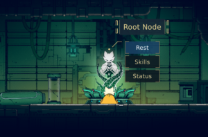 Screenshot from the game Nine Sols, showing a character interacting with a "Root Node" menu that includes options for "Rest," "Skills," and "Status."