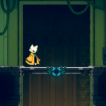 A character in a yellow cloak stands on a platform in a stylized, futuristic environment.