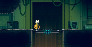 A character in a yellow cloak stands on a platform in a stylized, futuristic environment.