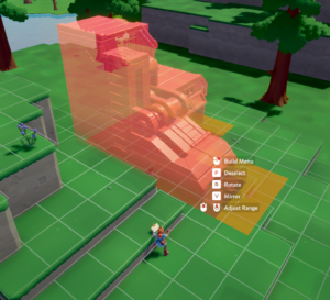 Screenshot from the game Overthrown, showing a player placing a building in a grid layout with a build menu on the side.