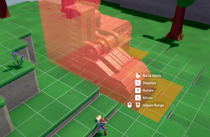 Screenshot from the game Overthrown, showing a player placing a building in a grid layout with a build menu on the side.