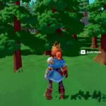 A character in a blue outfit stands in front of trees, with a "Build Mode" prompt on the screen.